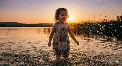 夕阳水花中定格纯粹喜悦瞬间