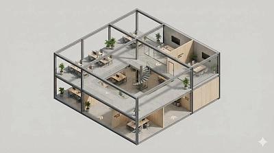极简3D等距剖面建筑模型，展示内部结构与功能空间
