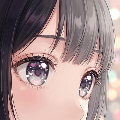 萌系少女眼眸特写，双色刘海，心形光斑虹膜，梦幻柔焦背景