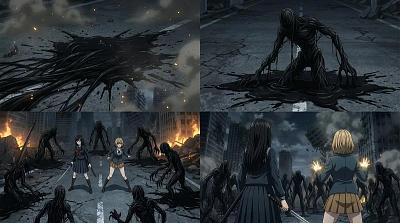 深夜都市で少女たちと黒い怪物の対峙