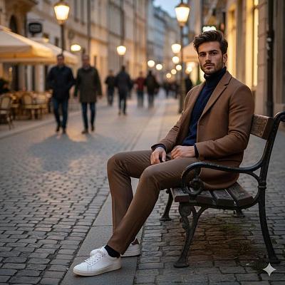 都市黄昏时尚男坐 bench 写真