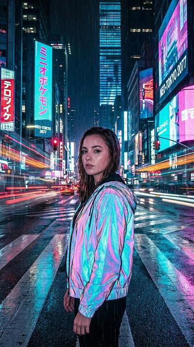 赛博朋克雨夜街头少女