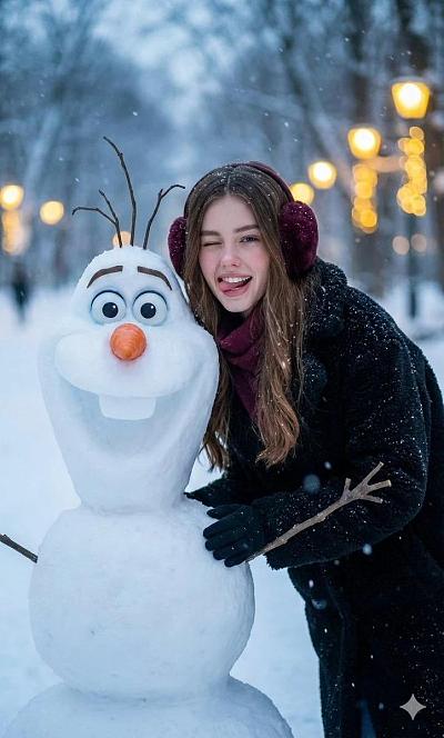 冬日雪景中少女与雪人 Olaf 的温馨合影