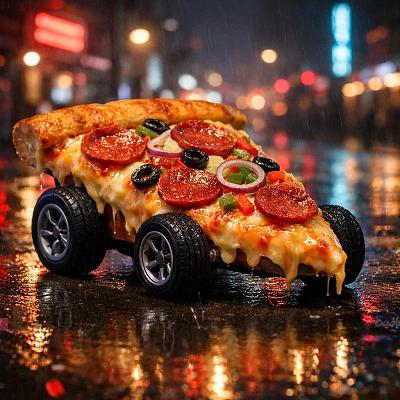 披萨变汽车，雨夜霓虹街头驰骋的赛博美食幻想