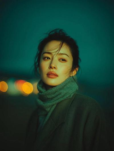 夜色光影中的女性肖像，氛围感十足