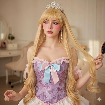 公主风写真：金发少女戴皇冠梳妆