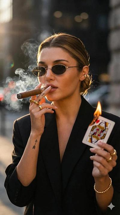 金发女郎戴墨镜抽雪茄，手持燃烧红心皇后牌，街头时尚酷飒风。