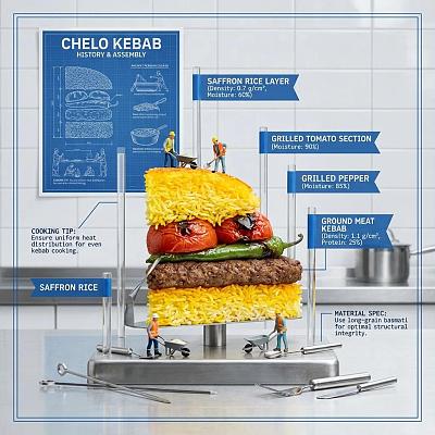 美食结构工程图：分层菜肴的建筑化呈现
